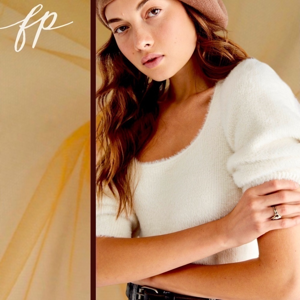 FREE PEOPLE NWT Moonbeam Fuzzy 3/4 Puff Sleeve Cropped Scoop Neck Sweater/Lg - Picture 7 of 16